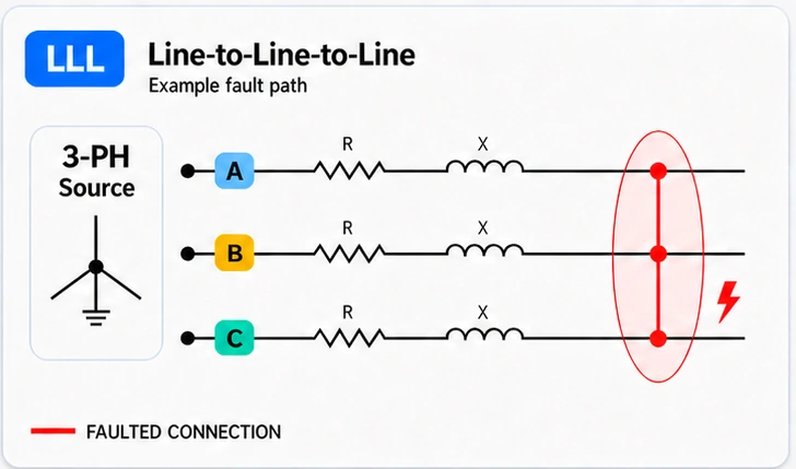 Three-phase line-to-line-to-line fault diagram with grounded wye source and phase impedance